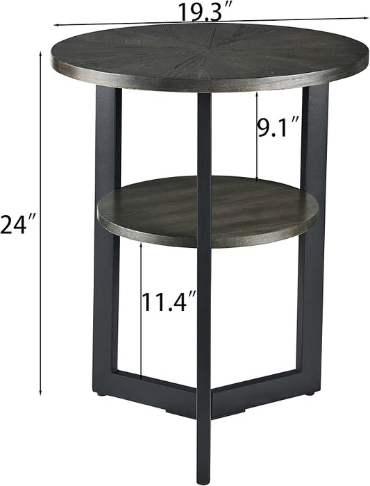 LEEMTORIG Round Side Table, 2-Tier End Table Nightstand with Metal Legs, Modern Bedside Couch Accent Table for Living Room, Bedroom, Office, Rustic Black/Black, 19.3 x 19.3 x 24 inches BZ-1338-BK