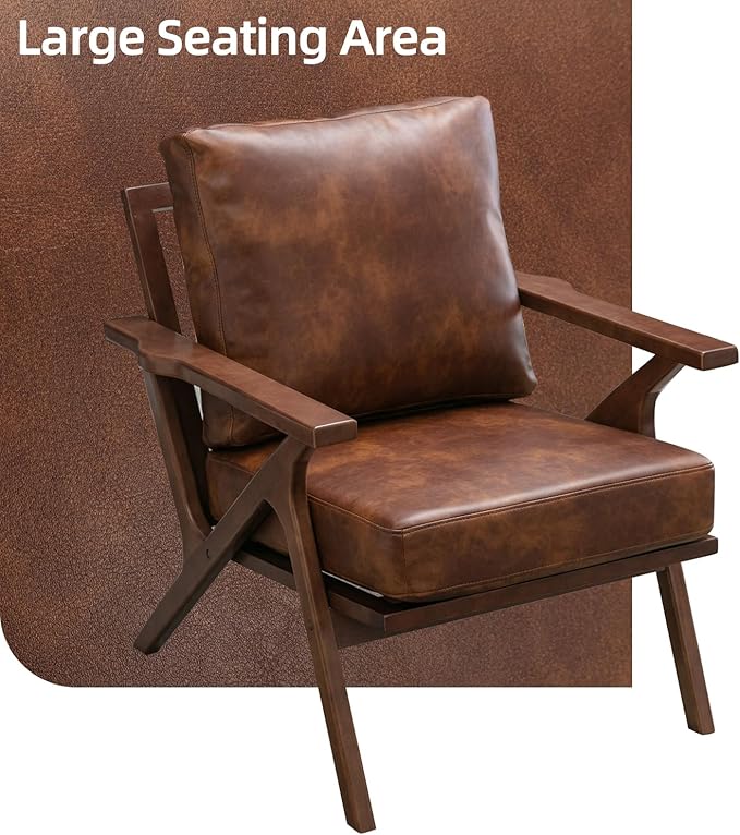 INZOY Mid-Century Modern Accent Chair with Wood Frame, PU Leather Living Room Chair and Soft Thick Padded Armchair for Living Room Bedroom Reception with Removable Upholstered Cushions, Reddish Brown