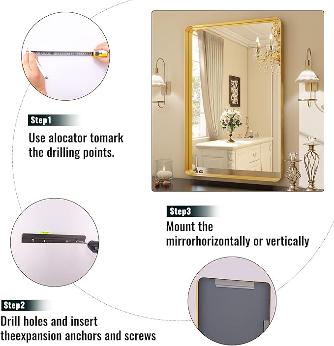 30 x 22 Inch Gold Bathroom Mirror for Wall,Aluminum Alloy Frame Rectangular Wall Mounted Mirror for Farmhouse Decor Horizontal or Vertical Ideal for Bedroom, Living Room