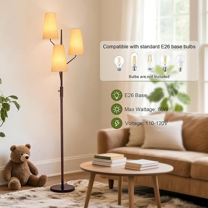 Floor Lamp for Living Room, 70" Tall Farmhouse Standing Lamp with Linen Shades, Industrial Rustic Tree Floor Lamps for Bedroom, Office and Dining Room(Bulb Not Included)