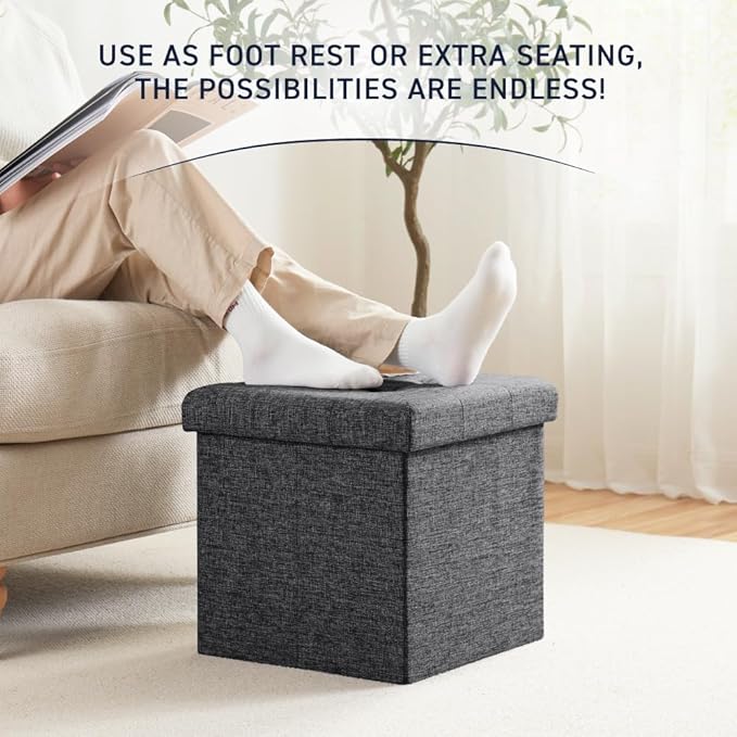 Ornavo Home Foldable Tufted Linen Storage Ottoman Square Cube Foot Rest Stool/Seat - 15" x 15" x 15" (Charcoal)