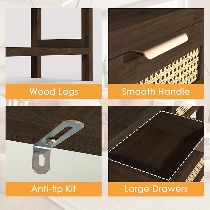 Rattan Console Table for Entryway, Boho Narrow Sofa Tables with Storage Shelf and 2 Drawers for Behind Couch Living Room, Hallway, Entrance, Brown Wood