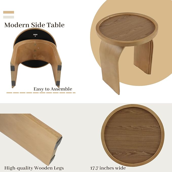 17.7”Wide Modern Side Table, Natural Wooden End Table, Round Accent Table for Small Spaces, Bedside, Couch Side, Narrow Nightstand for Living Room