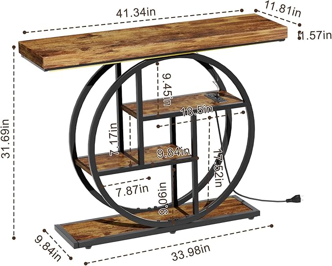 Console Tables for Entryway, Built-in US Standard Outlet & LED Strip Lights, 4-Tier Industrial Narrow Wood Sofa Table, Entryway Table with Storage Shelves for Living Room