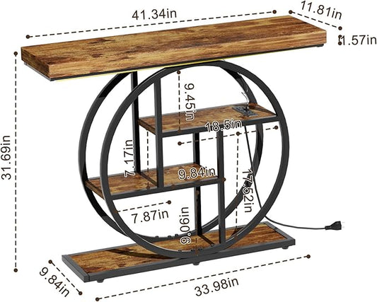 Console Tables for Entryway, Built-in US Standard Outlet & LED Strip Lights, 4-Tier Industrial Narrow Wood Sofa Table, Entryway Table with Storage Shelves for Living Room