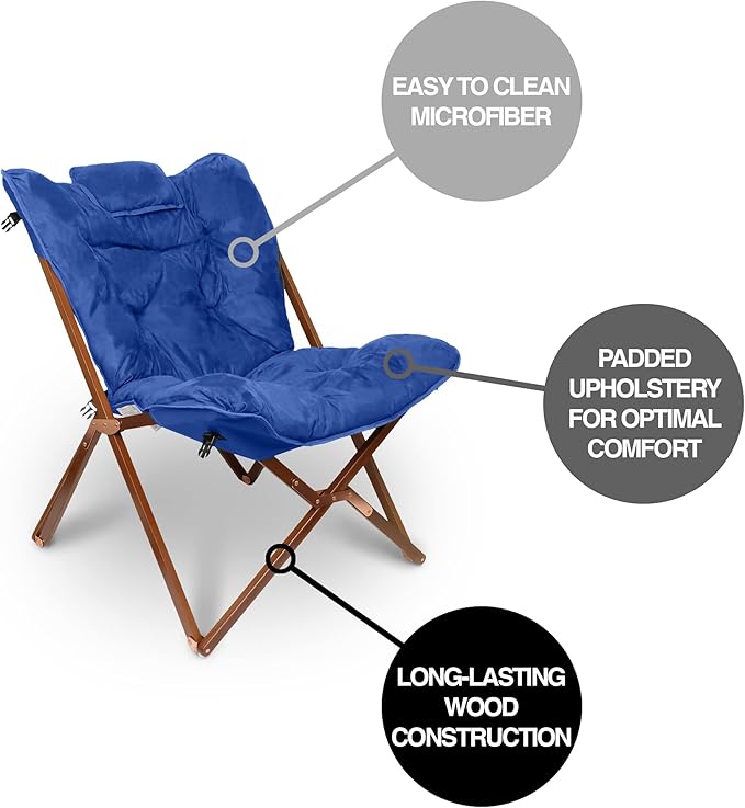 Zenithen Indoor Portable Wood Butterfly Folding Accent Chair, Perfect for Reading, Studying, Gaming, Suitable for Dorm Rooms, Bedrooms, and Living Rooms, Blue (Pack of 1)
