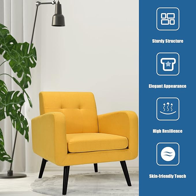 Giantex Upholstered Accent Chair Set of 2, Modern Mid Century Linen Fabric Living Room Chair with Arms, Max Load 265 Lbs, Comfy Tufted Single Sofa for Reading, Bedroom, Office, Club, Yellow