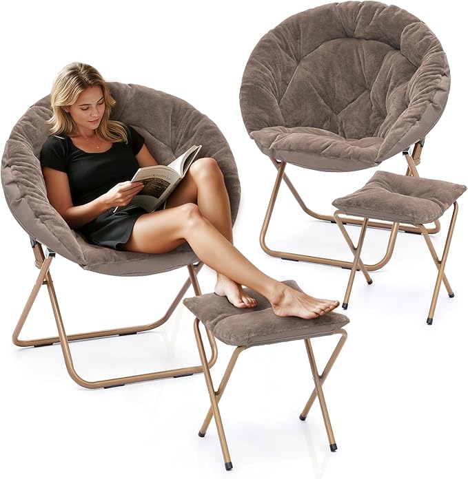 Athena Collection Saucer Chair with Ottoman Comfy Chair for Bed Room Living Room Folding Round Cozy Chair Faux Fur Metal Frame Foldable Lazy Chair Accent Chair Reading Chair Set of 2, Brown