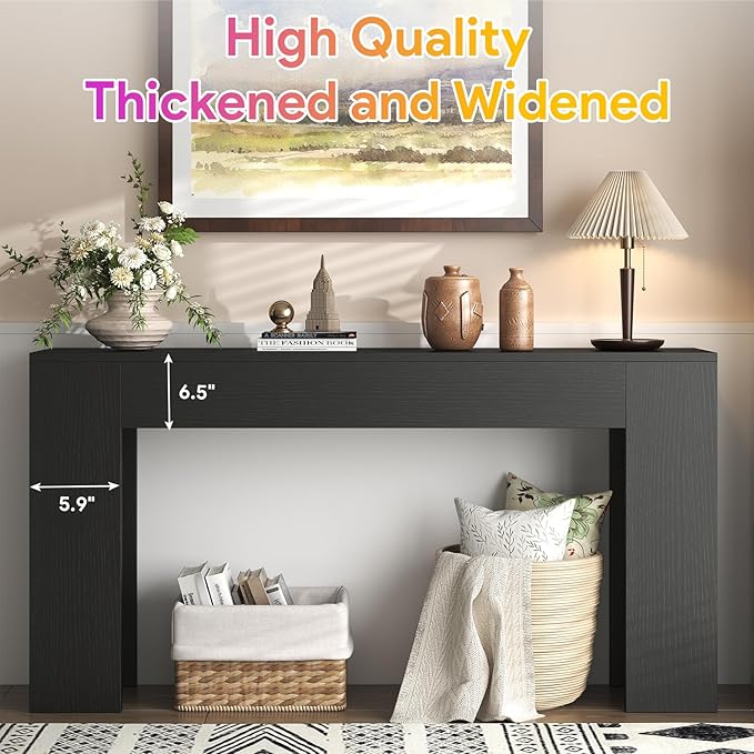 63-Inch Long Console Table with LED Light, Farmhouse Sofa Table Behind Couch, Wooden Console Table for Entryway Hallway Entrance Living Room, Black