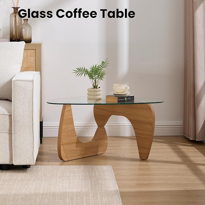 DUOMAY Modern Triangle Glass Coffee Table, 16 Inch High Glass Top Abstract Small End Table with Solid Natural Wood Base, Tea Table Suitable for Living Room, Office, Patio, Apartment, Brown Wood