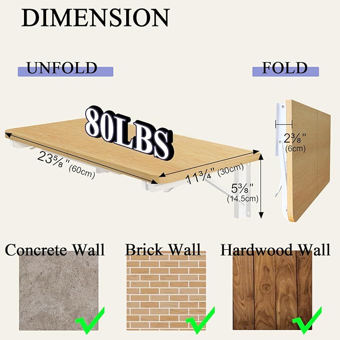 TEAMIX Wall Mounted Folding Table, Floating Desk for Small Spaces, Drop Leaf Dining Table for Kitchen Fold Down Laundry Shelf with Heavy-Duty Brackets