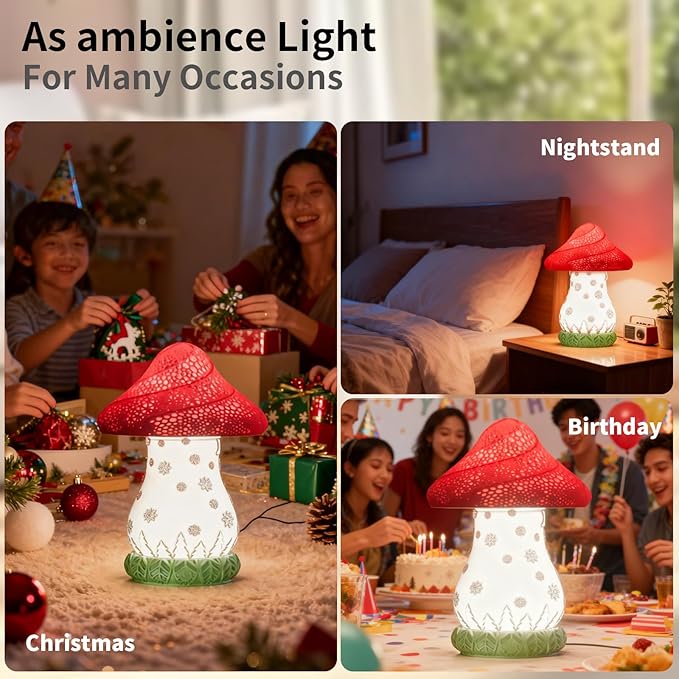 Mushroom Lamp, Cute Desk Lamp, Battery Operated Bedside Lamp as a Christmas Gift, 3-Way Dimmable Touch Lamp, Auto-Rotating Rechargable LED Night Light for Bedroom, Living Room.