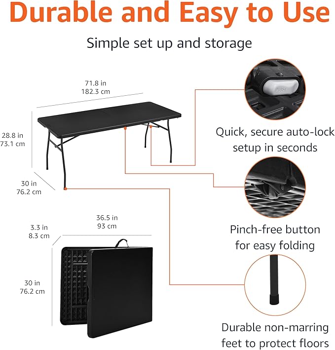 Amazon Basics Heavy Duty Portable Folding Table 6 ft with Carrying Handle, Indoor & Outdoor, Black