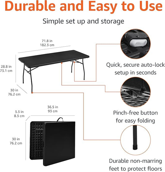 Amazon Basics Heavy Duty Portable Folding Table 6 ft with Carrying Handle, Indoor & Outdoor, Black