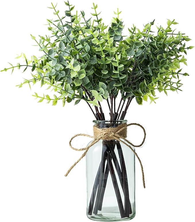 14" Artificial Eucalyptus Stems in Glass Vase, Fake Plants Faux Eucalyptus Branches Greenery Stems for Home Decor Farmhouse Wedding Table Decoration (1)