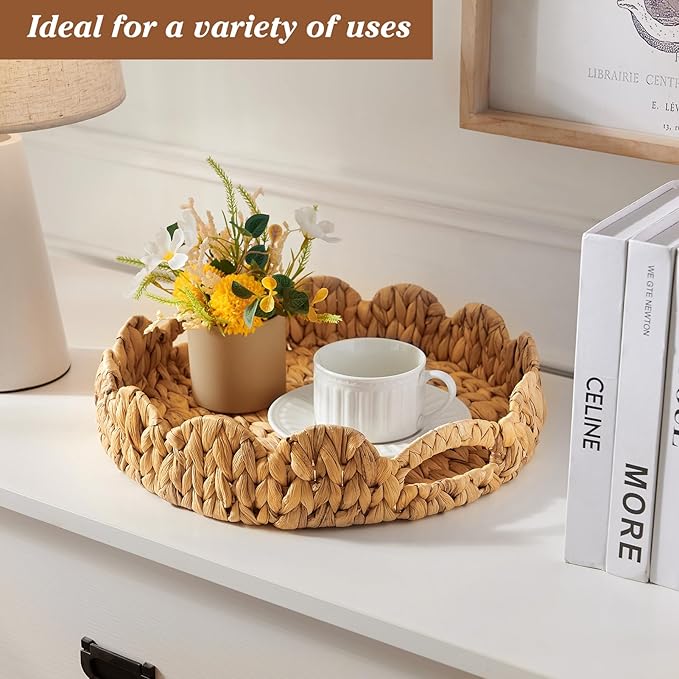 Scalloped Tray, 13.8" Large Round Basket Tray Wicker Rattan Serving Tray2 with Handles, Scallop Basket Table Décor Trays, Water Hyacinth Round Rattan Tray1 for Ottoman Decorative