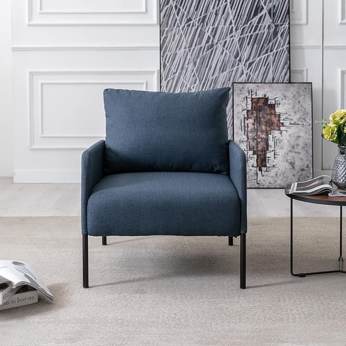 Linen Fabric Living Room Accent Chairs Bedroom Single Sofa Chair, Upholstered Reading Arm Chair Modern Couch w/Comfy Pillow for Waiting Room/Apartment/Dorm, Blue