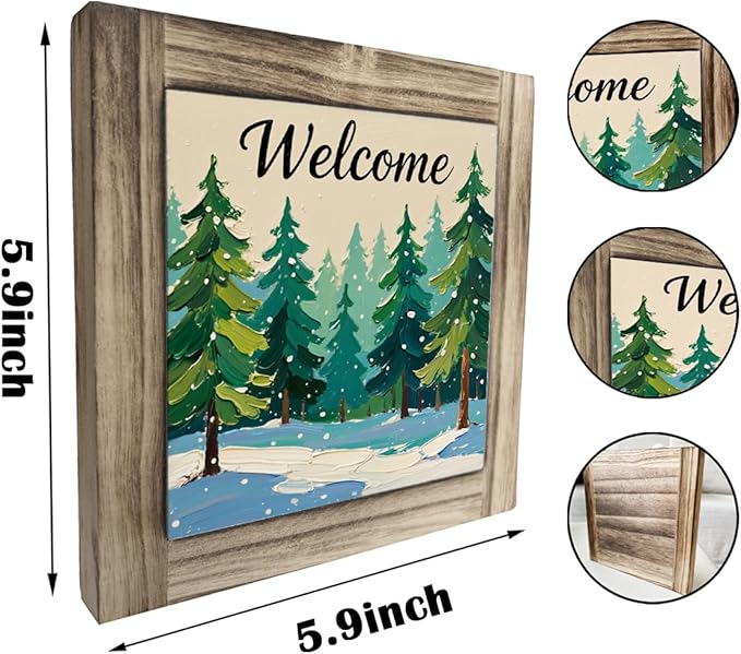 Christmas Trees Wood Sign, Welcome Wooden Box Sign, Front Door Decors for Shelves, Entryway Decor for Home, Modern Farmhouse Home Office Decor, Decorative Wooden Box Plaque