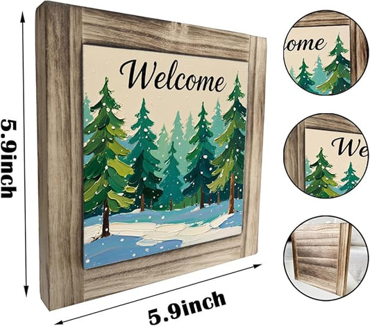 Christmas Trees Wood Sign, Welcome Wooden Box Sign, Front Door Decors for Shelves, Entryway Decor for Home, Modern Farmhouse Home Office Decor, Decorative Wooden Box Plaque
