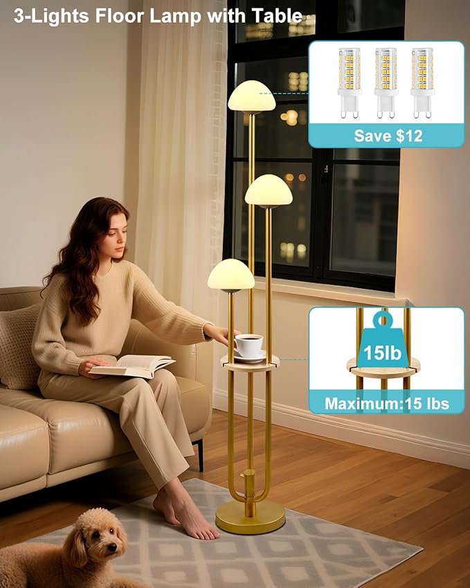 Lightdot Gold Dimmable Floor Lamp with Table, Modern Floor Lamps for Living Room, 3000K Warm Lights Tall Standing Lamp with Mushroom Shades & Bulbs for Bedroom/Office