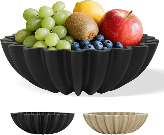 Decorative Fruit Bowl for Kitchen Counter, Large Decorative Bowl Modern Handicraft Bowl for Home Decor, Stylish Key Bowl for Entry Table, Coffee Table Decor, Home Decor Accent, Artificial Stone Black