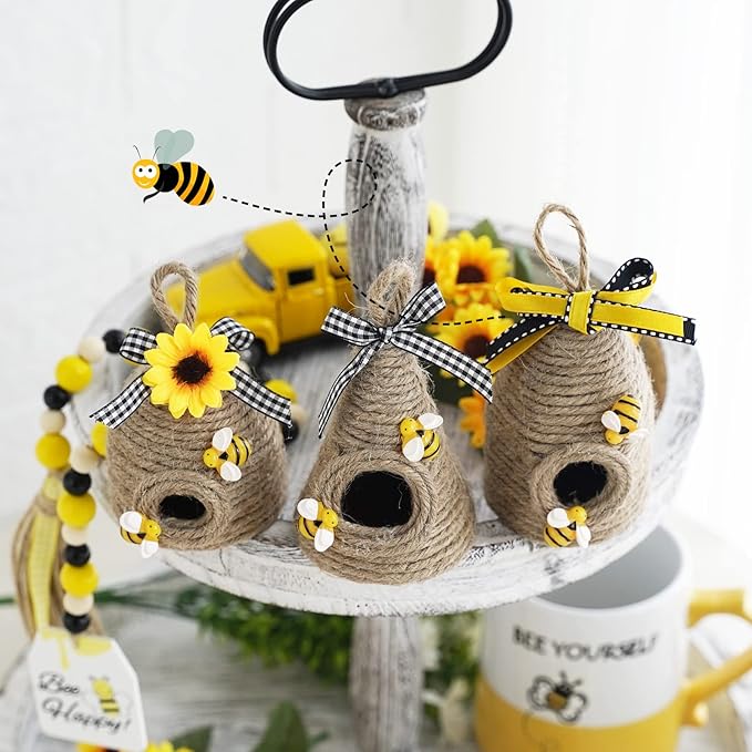 Rustic Bumble Bee Hive Decor - 3 Pack Natural Bee House, Spring/Summer Farmhouse Kitchen Table Tiered Tray Decor