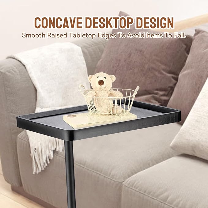 Adjustable C Shaped Side Table, C Table End Tables with Wheels for Sofa, 360° Swivel Sofa Tables for Livingroom,Bedroom,Study and Small Spaces (Glossy Black)