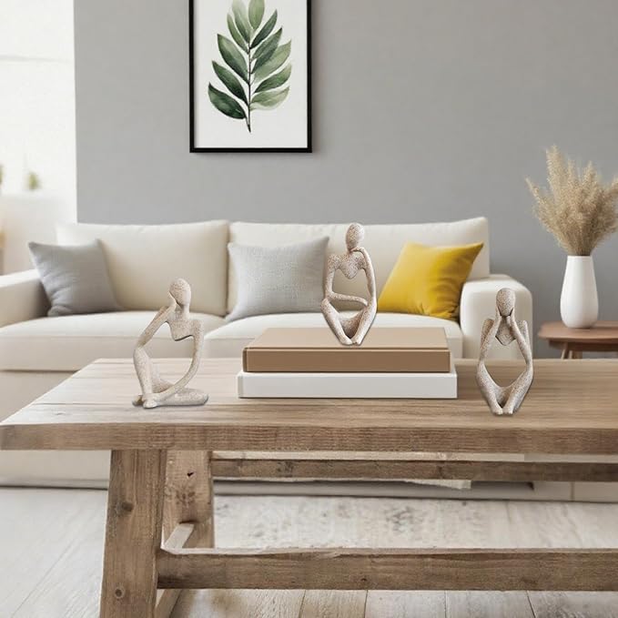 Mingzhang 3pcs Thinker Statue Abstract Art Thinker Figurines Beige Home Decor for Living Room, Office, Coffee Table, Bookshelf Decoration, Housewarming Gifts