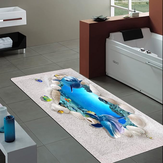 Bath Rugs Sponge Foam Absorbent Soft for Bathroom and Kitchen (71 x 24 inches), Flannel Mat Non Slip Bright 3D Print for Bedside and Living Room(Heart-Shaped Beach Dolphin)