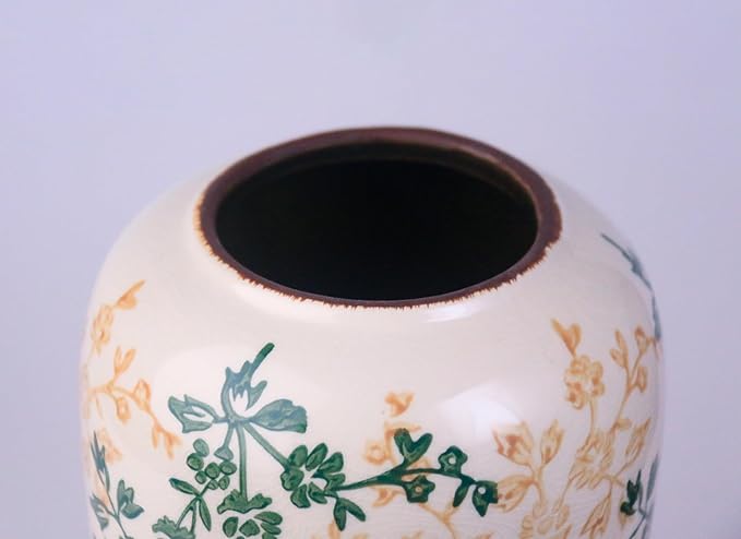 11.5" Hand-Painted Ceramic Large Vase – Green Botanicals & Yellow Florals, Crackle Glaze & Antique Patina Rim, Chinese-Inspired Artistry