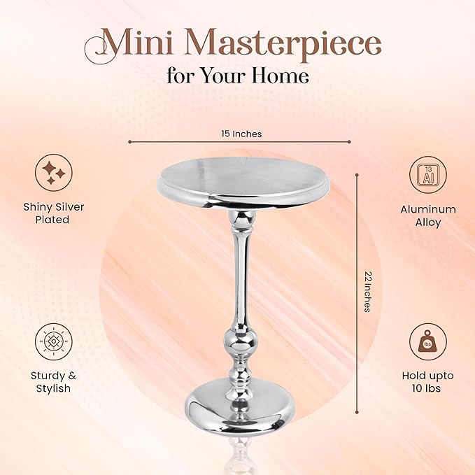 Alpha Living Home Round End Table, Modern Metal Alloy Accent Table for Living Room, Bedroom Nightstand, Small Side Table, Compact Space-Saving Furniture, Tool-Free Assembly 22" (Silver)