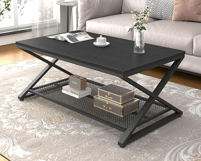 LVB Black Coffee Table, Metal Wood 2 Tier Center Tables with Storage Shelf, Modern Rectangular Cocktail Tea Table for Living Room, Wooden Middle Concrete Table for Office Bedroom, 39 inch, Black Oak
