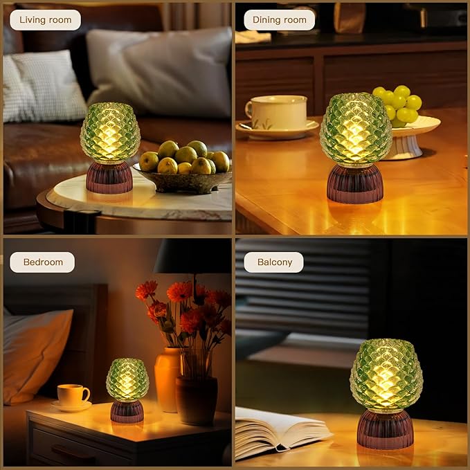 Battery Operated Lamp with Timer, Cute Small Cordless Glass Table Lamp for Home Decor, Kitchen, Bathroom, Birthday Gift for Women, Pinecone, Green