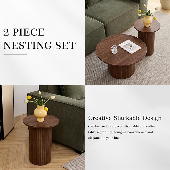 Small Nesting Table Set of 2 Mid Century Modern Wood Round Coffee Tables Boho Circle Side Table for Small Spaces Living Room Comedor Home Office(Walnut)