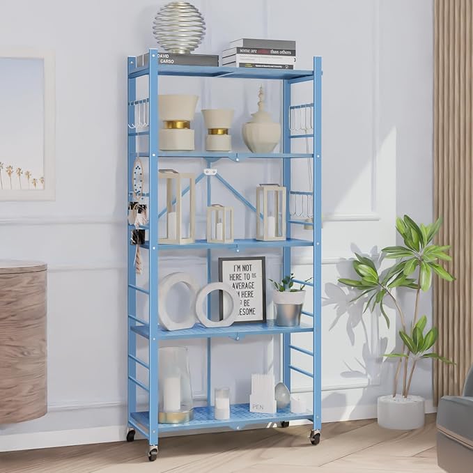 Storage Shelves with 20 Hooks, 5-Tier Foldable Shelf for Storage, Folding Shelf Unit Pantry Shelves with Wheels, Standing Shelving Unit for Kitchen Garage Home Office Room Greenhouse, Blue