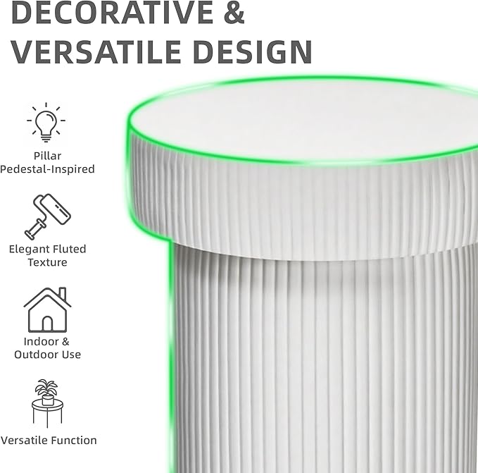 Side Table, 24" Pedestal End Table, 3-in-1 Durable Lightweight Round Coffee Table, Decorative Patio Accent Table Fluted Garden Stool Art Decor for Poolside, Balcony, Living Room,White