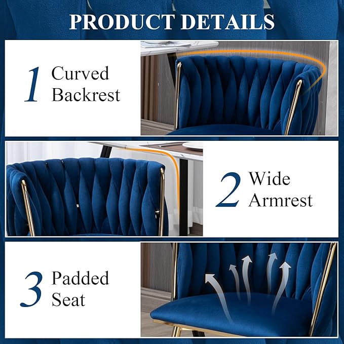 NIOIIKIT Modern Velvet Dining Chairs Hand Weaving Accent Chairs Living Room Chairs Upholstered Side Chair with Golden Metal Legs for Dining Room Kitchen Vanity Living Room (Navy)