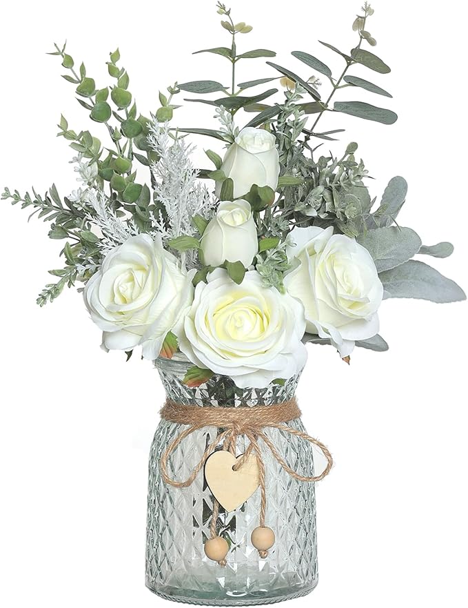 Faux Flowers with Vase,Artificial Silk Roses in Vase, Fake Plant Eucalyptus Flower Arrangement for Home Office Farmhouse Bathroom Dining Table Centerpiece Decorations Coffee Table Decor (White)