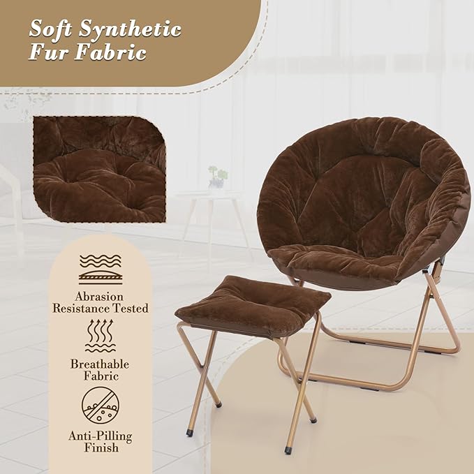 Athena Collection Modern Brown Faux Fur Velvet Saucer Foldable Round Cozy Accent Chair with Ottoman, 300lbs Weight Capacity, Perfect for Bedroom, Living Room, Outdoor Use