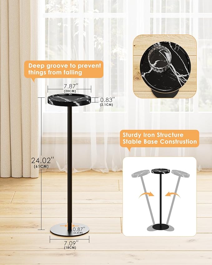 Drink Table, Small Pedestal Side Table, Round Cocktail Table, Circle Accent End Table with Metal Base, for Small Spaces (1, Black Marble)