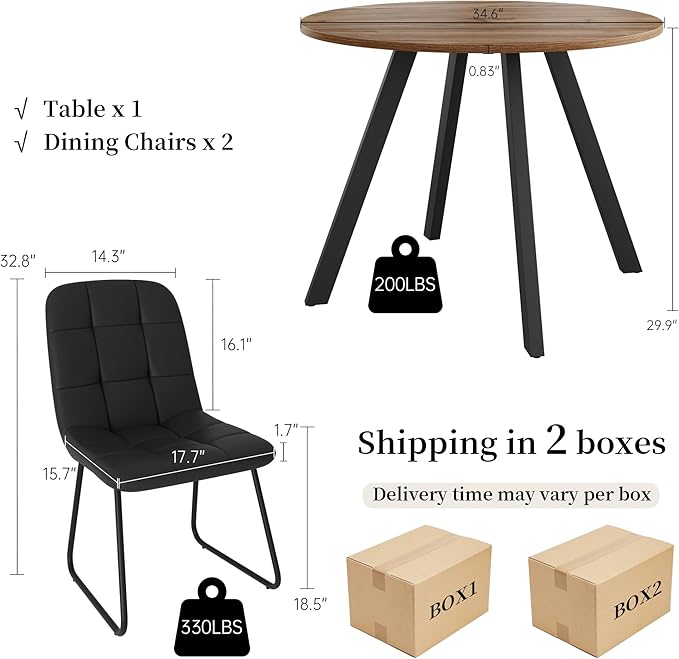 34.6'' Dining Table and Chairs for 2, Mid Century Modern Round Table Set, Space Saving for Apartment Kitchen Dining Room (Walnut Table+2 U-Shaped Black Chairs)