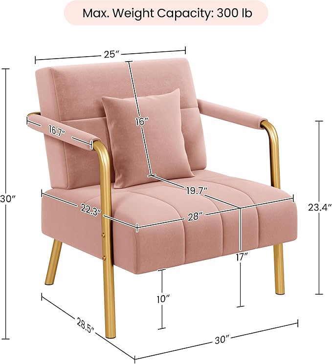 Yaheetech 30" W Accent Chair Velvet Oversized Armchair Living Room Chair with Golden Frame & Cozy Pillow for Living Room, Bedroom, Office Pink