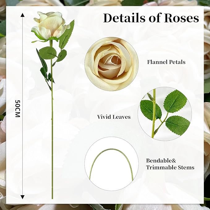 10 PCS Artificial Roses with Long Stems Silk Flowers Realistic Foam Flowers Fake Roses for Valentine's Day Home Wedding Halloween Decor(Champagne)