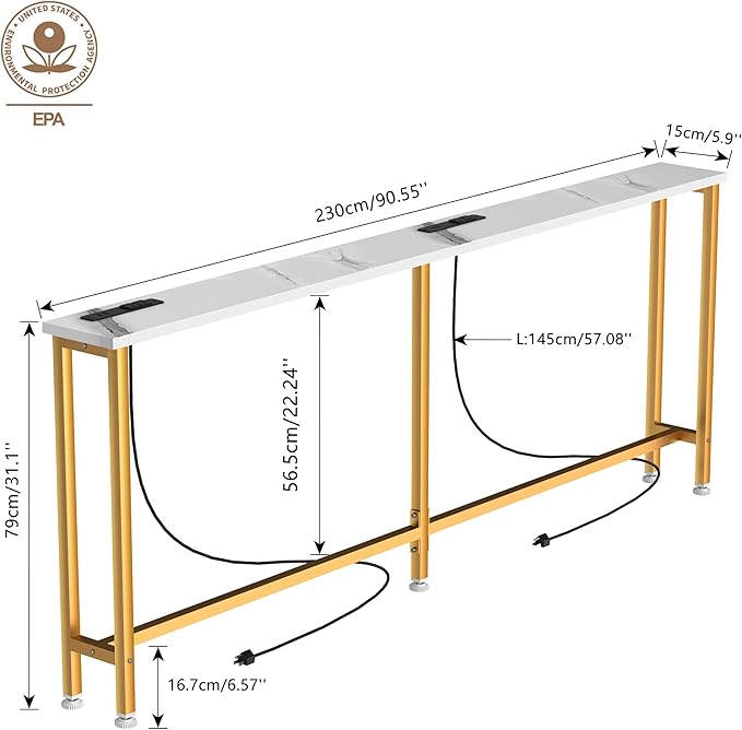 90Inch Console Table with Outlet, Sofa Table with Charger,Skinny Hallway Table, Narrow Entryway Table,Table Behind Sofa,for Living Room,Gold & White