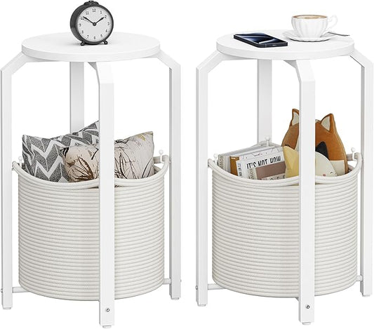 TUTOTAK Small Side Table, Round End Table, Night Stand, Bedside Table, Set of 2, Sofa Table with Storage Basket, Living Room, Bed Room, White TB01BW0922