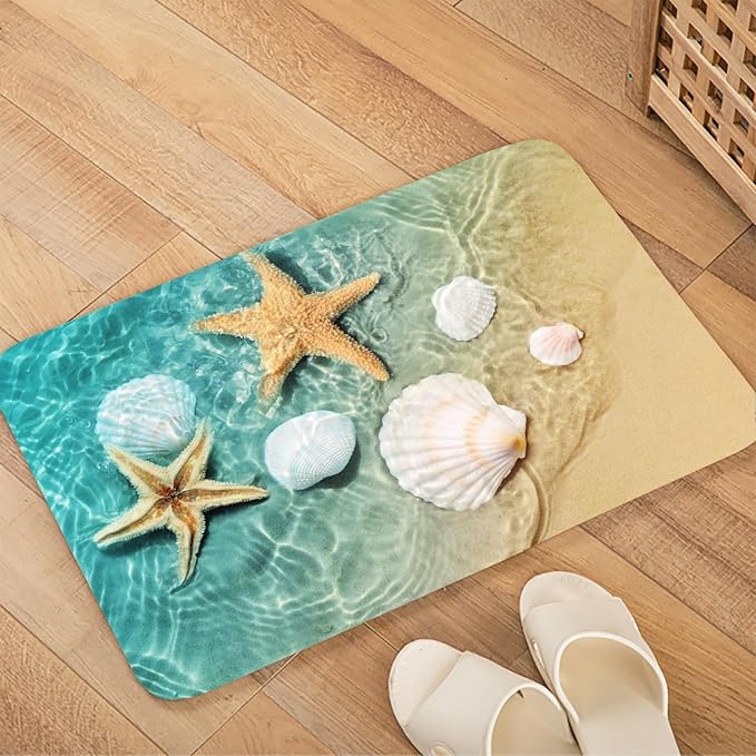 Bath Rugs Sponge Foam Absorbent Soft for Bathroom and Kitchen (21X35.5 inches), Flannel Mat Non Slip Bright 3D Print for Bedside and Living Room(Scallop Starfish)