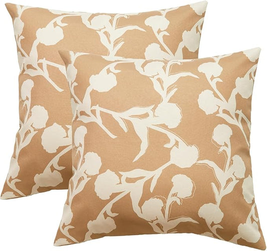 Mantle & Mason Floral Outdoor Pillows Waterproof for Patio Furniture 18x18 Set of 2 Tan Decorative Pillow Covers for Couch Porch Chair Bench Reversable Chinoiserie Home Decor Pillow Cases