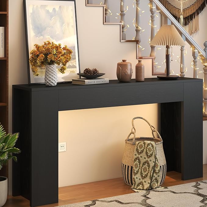 63-Inch Long Console Table with LED Light, Farmhouse Sofa Table Behind Couch, Wooden Console Table for Entryway Hallway Entrance Living Room, Black