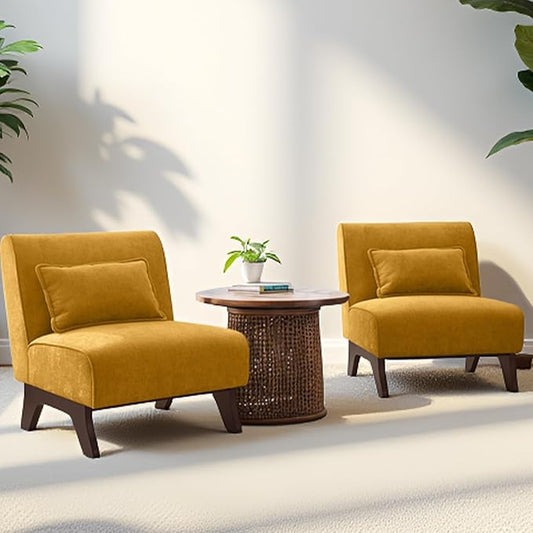 Set of 2 Upholstered Armless Accent Chair,Modern Comfy Living Room Chairs with Wooden Legs& Pillows,Lounge Sofa Side Chair for Bedroom Farmhouse Reading (Yellow, 2 PCS)