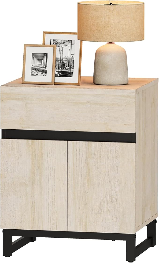 WAMPAT Modern End Table with 1 Drawer & 1 Storage Cabinet, Farmhouse Sofa Table, Wooden Rustic Side Sofa Table Metal Leg for Living Room, Nighstand for Bedroom, Light Oak